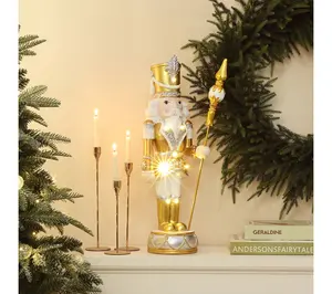 LuxenHome 2ft Lighted Silver and Gold Nutcracker with Scepter