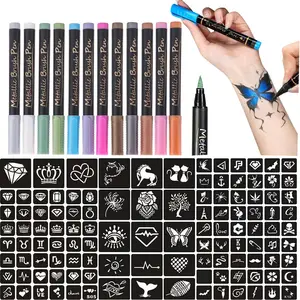 Flexible Brush Tip Temporary Tattoo Markers - Dual-End Tattoo Pens for Body & Face Art with 111 Tattoo Stencil Papers, 12 Pens Make Bold and Fine Lines, Cosmetic Quality(BETY-6)