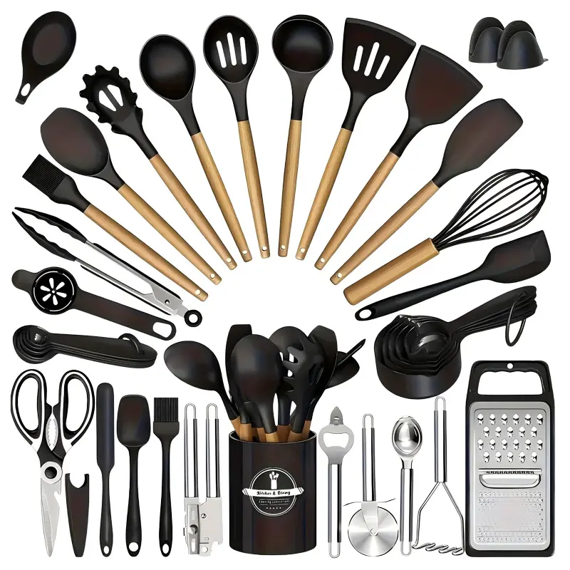 37 pieces of wooden handle silicone kitchen tools/cooking tools/kitchen small tool set/baking tools - non stick, heat-resistant, including kitchen scissors, spoons, shovels, etc, Cookware，Heat-Resistant,Silicone,Kitchen,Utensil,boujee kitchen gadgets