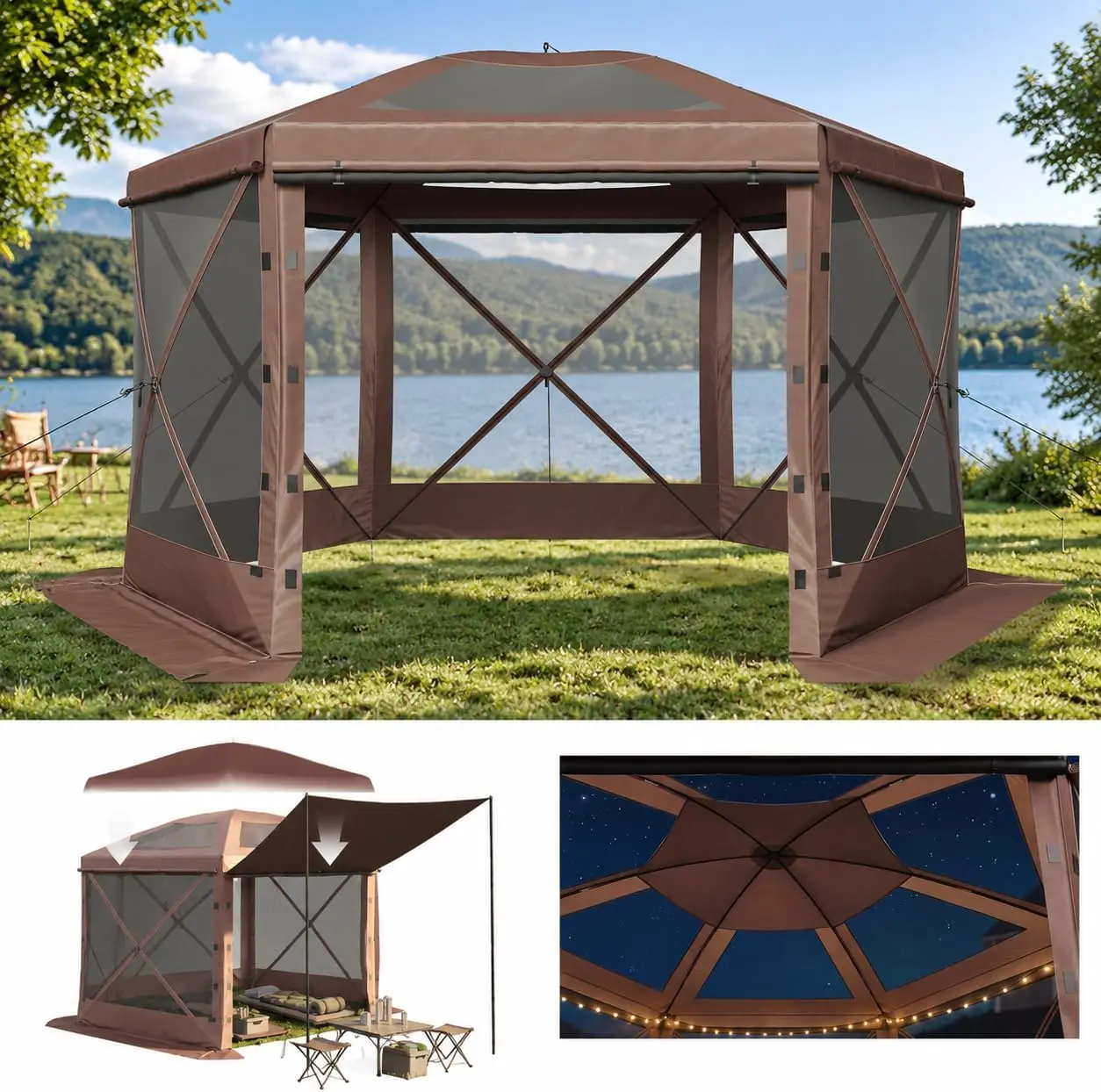 12x12FT Square Shape Pop Up Canopy Tent - 6-Sided Mesh Window Gazebo, Stable Oxford Fabric UV Protection Water-Resistant Outdoor Shelter with Carrying Bag, Ground Stakes, Brown Solar Light Tiki Umbrella for Camping, Backyard garden summerwins ventilation