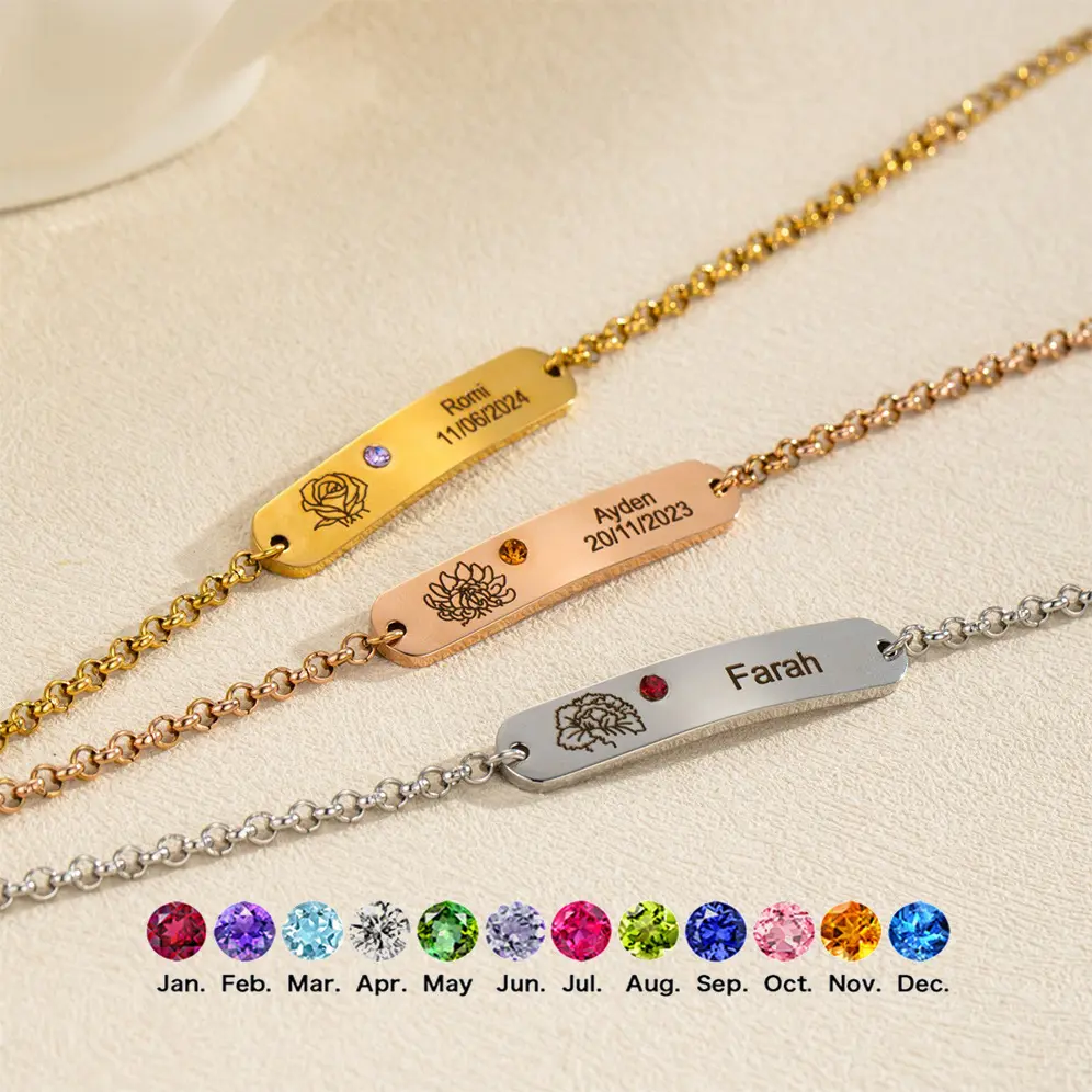 B1614 Personalized Custom Engraving Name Birthday Flower Bracelet DIY Birthday Stone Stainless Steel Bracelet Birthday Gift for Men and Women