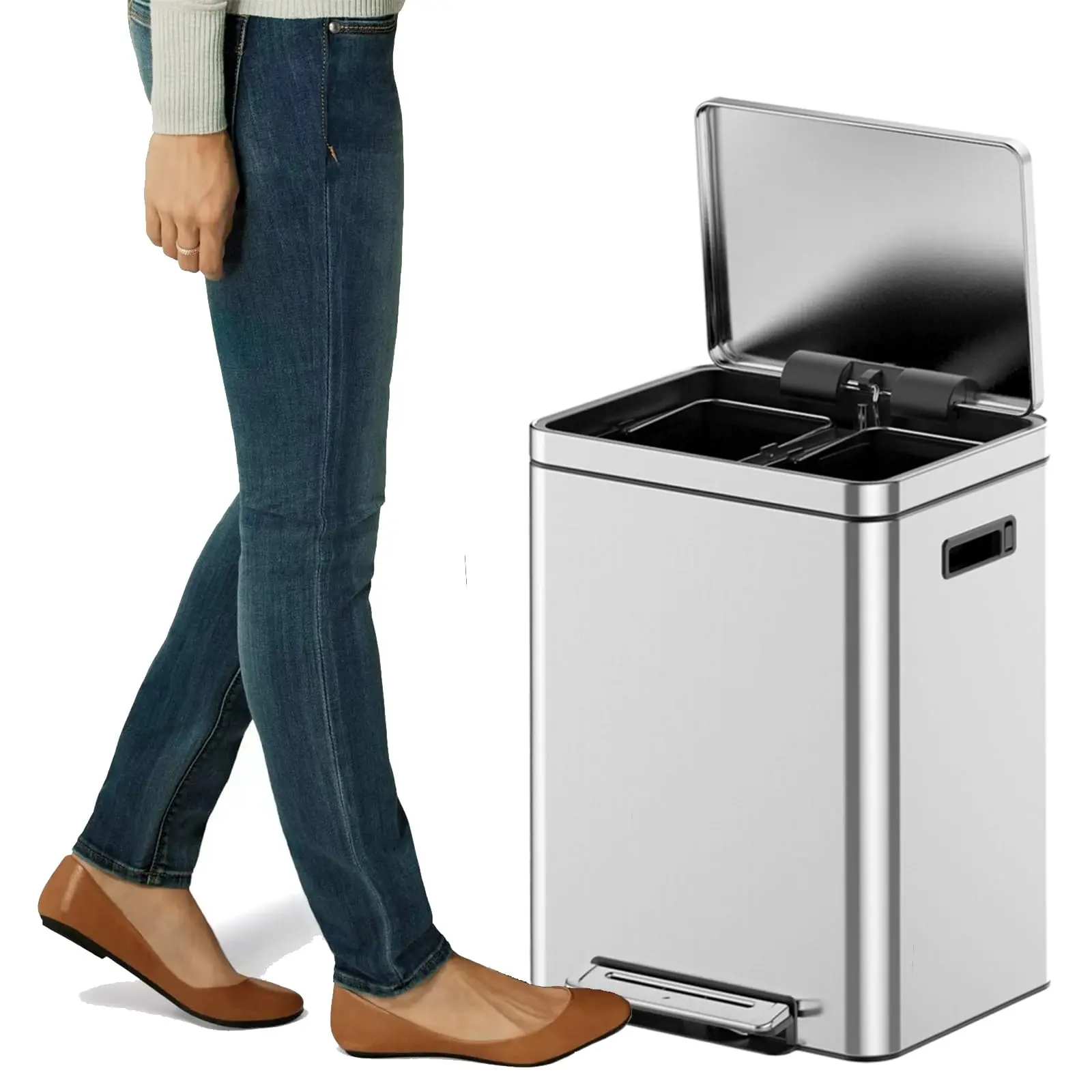 GARVEE Dual Trash Can with Recycle Bin, 40L Rectangular Brushed Stainless Steel Garbage Can Featuring Soft-Close Metal Lid, Two Plastic Inner Buckets, and Foot Pedal for Kitchen Use