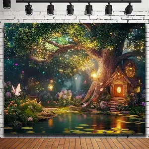 Enchanting Fairy Forest Dream Background Fabric, Vivid Polyester Wall Decor with Magic Trees and Mysterious Light, Easy to Install for Home and Office Decoration