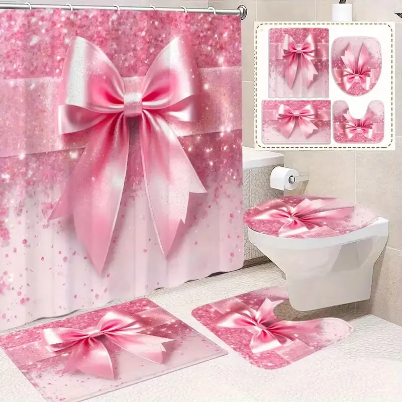1/4pc pink ribbon print shower curtain set, including shower curtain, toilet seat cover, rectangular mat and U-shaped mat, perfect for bathroom decor, and comes with 12 shower curtain hooks, Bathroom supplies, Restroom