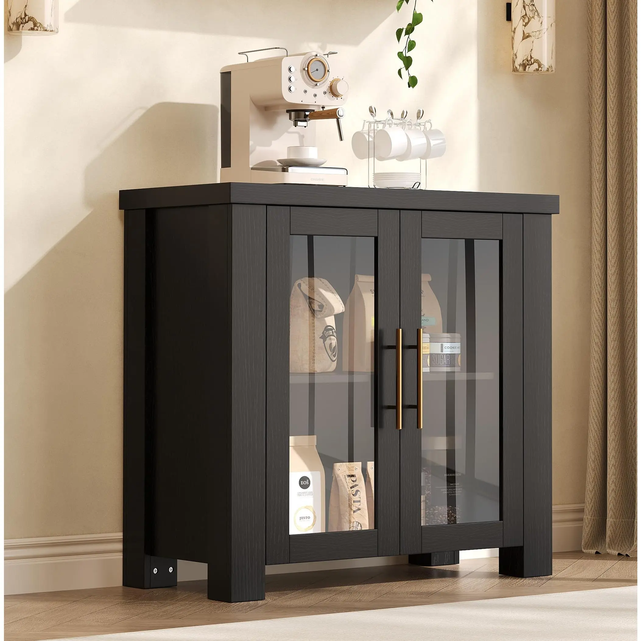 Garvee Buffet Cabinet with Storage, 31.5" Sideboard Credenza with Tempered Glass Doors,  Wood Buffet Table for Living Room, Dining Room, Kitchen,Black