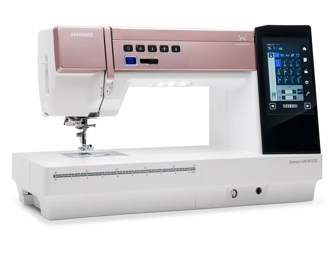 Janome Horizon Memory Craft 9410QC Heavy Duty Quilting Sewing Machine - Automatic, Ergonomic Fatigue-Free, Metal Frame, 5" LCD Screen, 11in Spec, USB Port, Dust Cover, Digital Interface, Precision Crafting for Custom Bag Makers