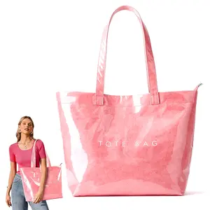 KALIDI Kraft Paper Tote Bag, Ultra Clear TPU Beach Bag Zipper Hobo Handbag Vintage Large Carry All Plastic Shoulder Bag