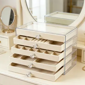Acrylic Jewelry Organizer Box with 5 Velvet Lined Drawers, Clear Stackable Jewelry Storage Organizer for Earrings, Necklaces, Rings and Bracelets, Removable Dividers, Elegant Vanity Display Case with Cleaning Cloth, Mother’s Day Gift for Women and Her