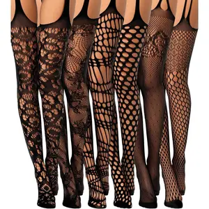 Geyoga 6 Pairs Women Fishnet Thigh High Stockings Suspender Pantyhose Lingerie Garter Belts Tights for Women Girl