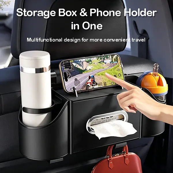 4-in-1 Car Backseat Organizer - Home Organizer Storage Bin with Cup Holder, Tissue Box, Phone & Snack Storage