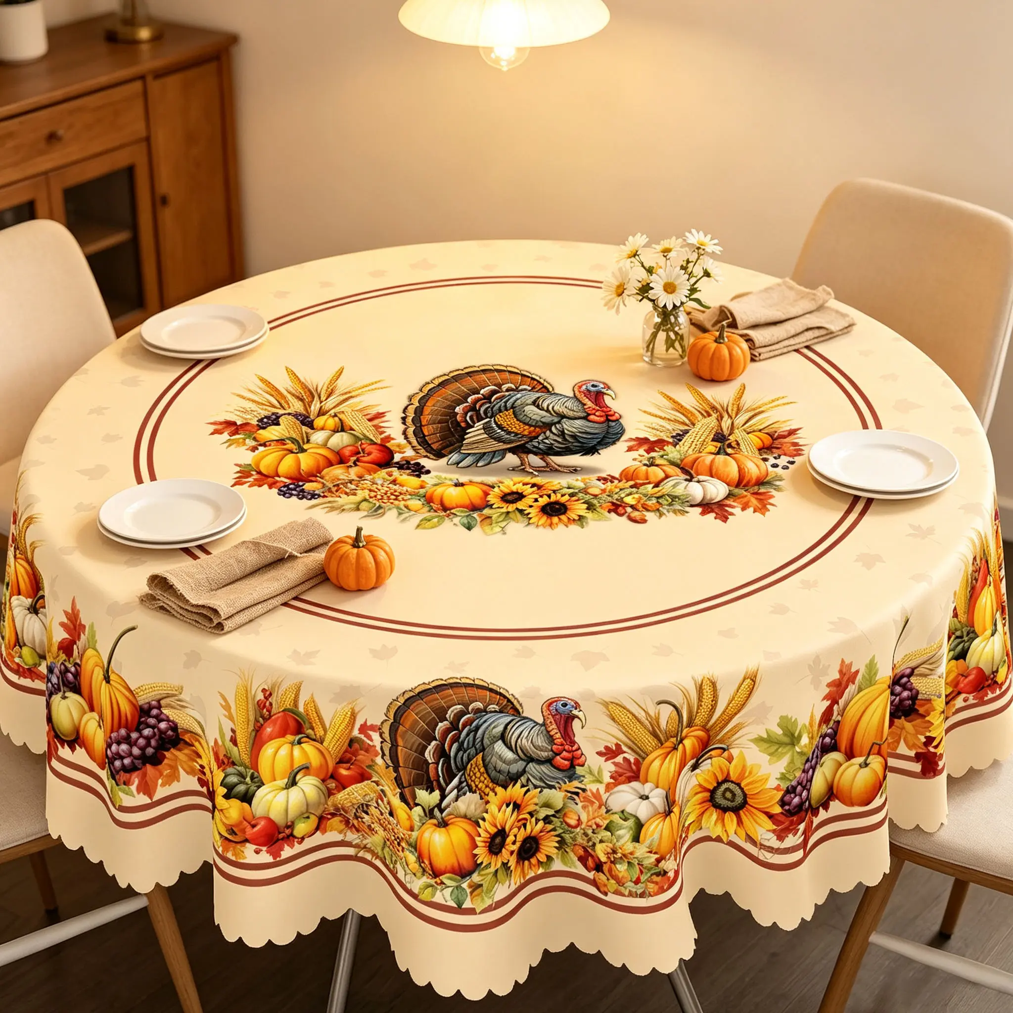 Thanksgiving Turkey Round Tablecloth, Fall Harvest Pumpkin & Sunflower Printed Table Cover, Autumn Farmhouse Dining Table Decor for Kitchen, Holiday Dinner & Party