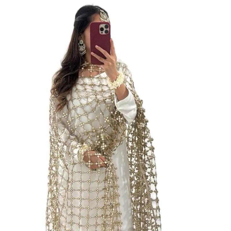 Nikkah Wedding Poshida Sheesh Dupatta with Silk Anarkali and Gold Trim for Wedding or Veil - Elegant and Luxurious Design