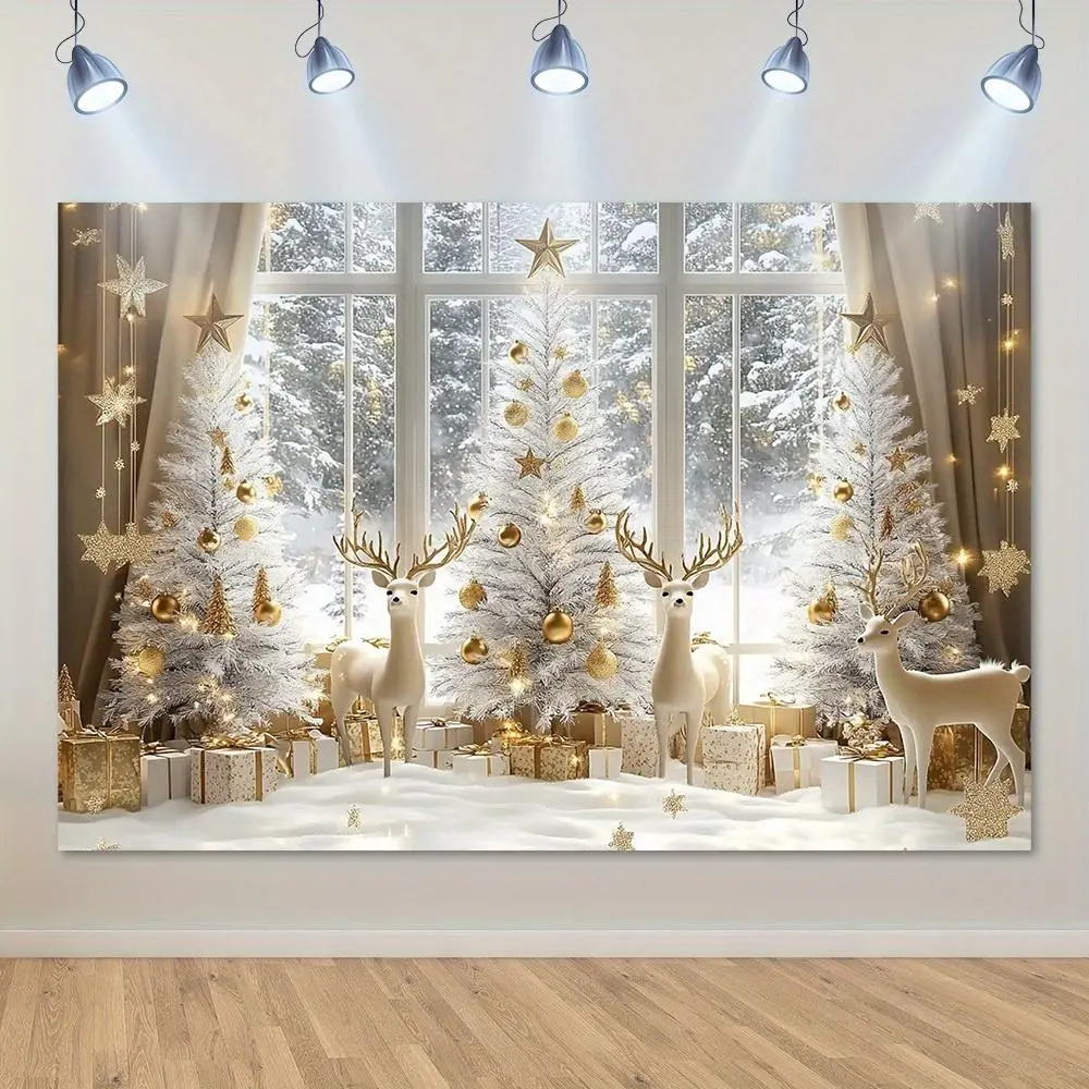 1pc 2D Flat Polyester Winter Snow Christmas Window Wall Mural, Elegant White & Golden Snow-Covered Trees with Deer, Twinkling & Falling Snowflakes, Self-Adhesive Easy-to-Hang Holiday Decoration Items for Living Room Home