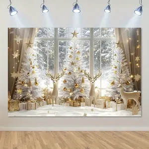 2D Flat 1pc Winter Snow Christmas Window Wall Mural Elegant White & Golden Snow-Covered Trees with Deer Twinkling & Falling Snowflakes Self-Adhesive Fabric Holiday Decoration for Home Easy to Hang All Decorative Stickers