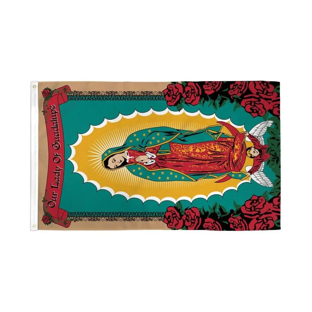 Our Lady of Guadalupe (Rose) 3x5ft Rectangular Synthetic Polyester Banner Flag - Metal-Enhanced, Dye-Sublimated Bold Colors, Double Stitchwork, Hanging, Printable, for Indoor Home Decor & Festive Party Backdrops