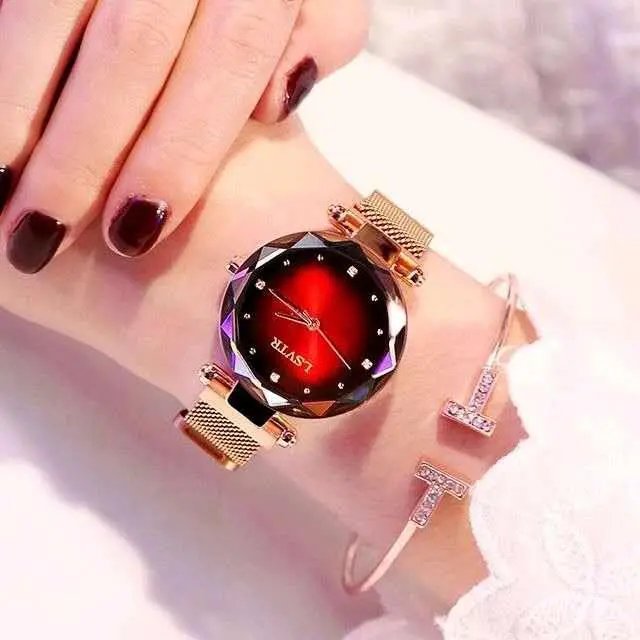Rose Gold Women Watches Fashion Diamond Ladies Starry Sky Magnet Watch Waterproof Female Wristwatch with Red Dial and Mesh Strap