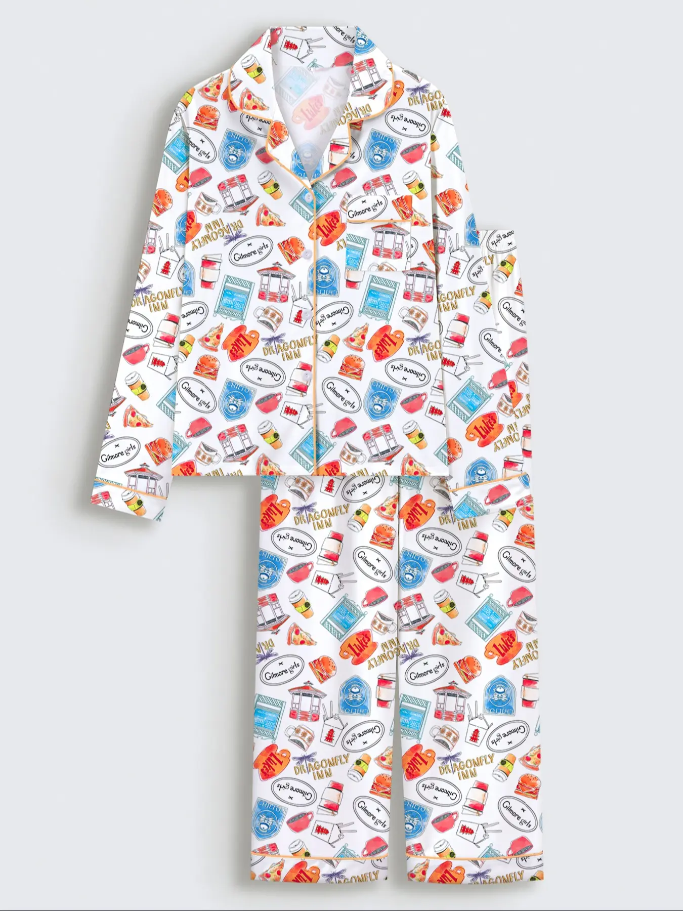 Women's Fall & Winter Long Sleeve Pajama Set, Gilmore Girls Print Loungewear, Elegant Casual Comfortable Lapel Top and Wide Leg Pants