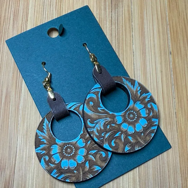 Women's Lightweight Handmade Laser-Cut Wood & Faux Leather Teardrop Floral Dangle Earrings, Elegant Boho Statement Pieces with Comfortable Secure Fit & Leverback Close for Females