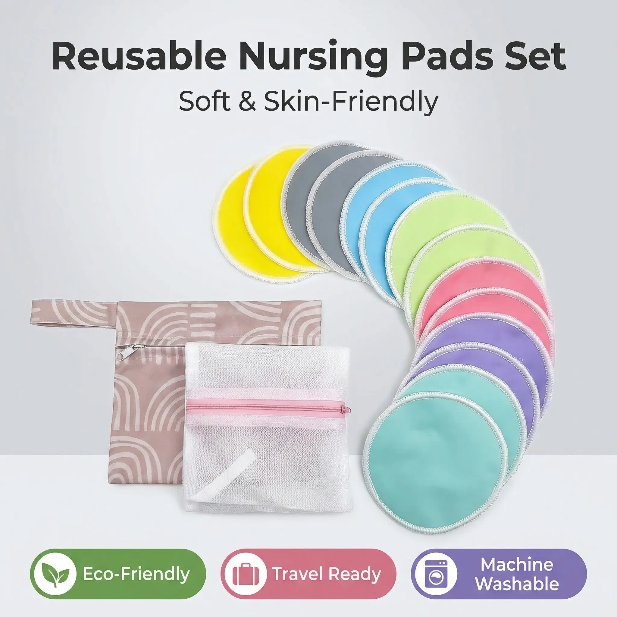 Reusable Nursing Pads Set, Breastfeeding Pads, 14 Pieces Washable Inserts with Laundry Bag & Wet Bag, Soft Absorbent Leak-Proof Eco-Friendly Travel Friendly, Travel Ready, Machine Washable