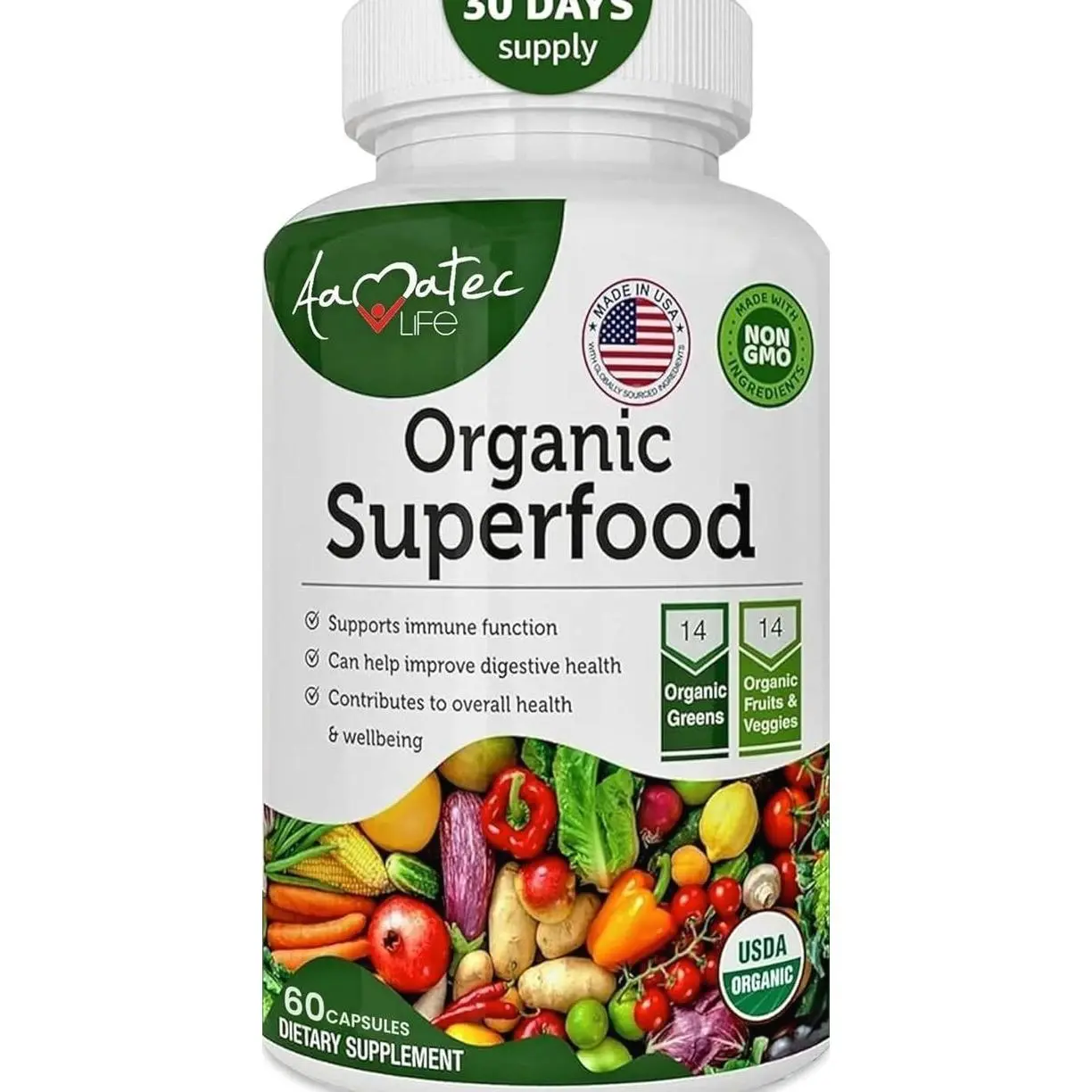 Organic Superfood Greens Fruits and Veggies Complex - Dietary Supplement with 14 Greens and 14 Fruits & Vegetables with Alfalfa Rich in Antioxidant Organic Ingredients Non-GMO, 60 Count