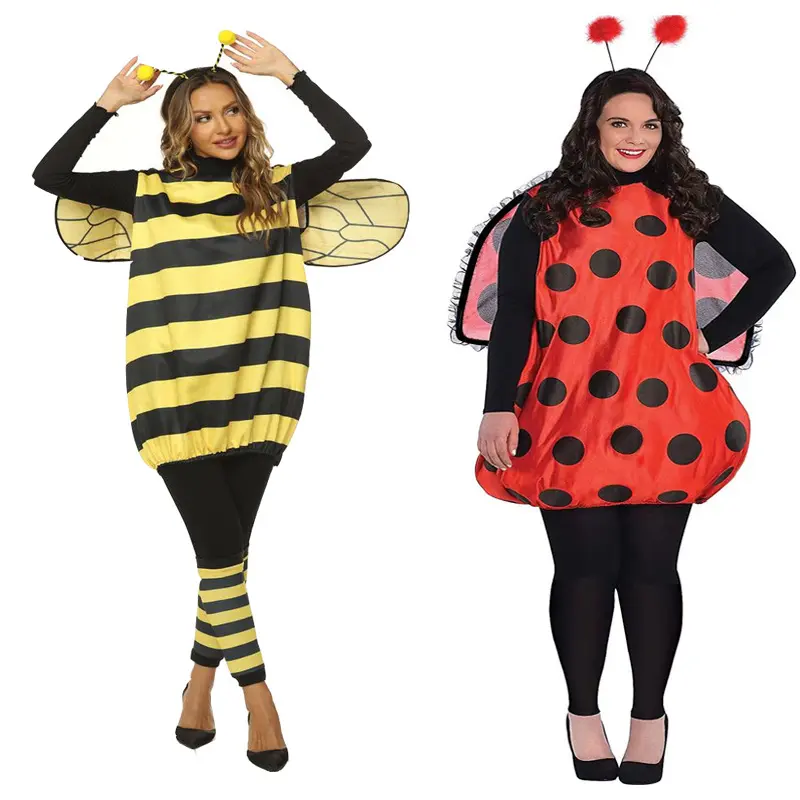 Women's Fitted Plaid Cosplay Costume - Bee-Ladybug Themed Halloween Stage Outfit with Accessories, All-Seasons Wearable Women's Clothes