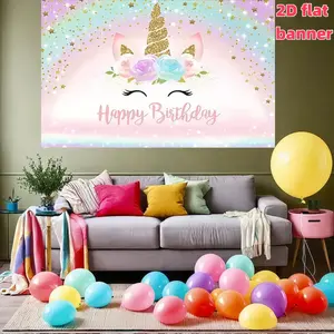 Flash gold unicorn birthday party background banner with rainbow stars, pink theme, polyester material, suitable for photo booths, parties, birthdays, celebrations, indoor and outdoor home birthday party decoration, home decoration, room decoration