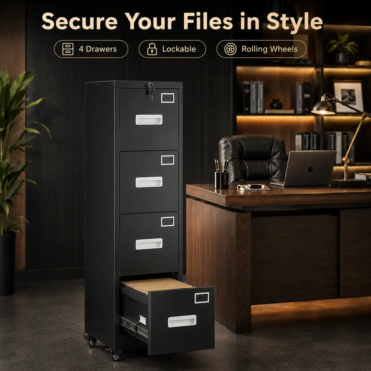 Aobabo 4-Drawer Rolling Lockable Metal Vertical File Cabinet with Caster Wheels - A4/Legal/Letter Document Organizer, Heavy-Duty Mobile Home Office Furniture, Anti-Tip Interlock, Adjustable Bar, Lockable Casters, Label Holders (Black), Storage, Caster Whe