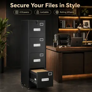 Aobabo 4-Drawer Rolling Metal File Cabinet with Lock, Vertical A4/Legal/Letter Size Document Organizer, Heavy-Duty Mobile Home Office Furniture with Wheels, Anti-Tip Interlock System, Adjustable Bar, Lockable Casters & Label Holders (Black)