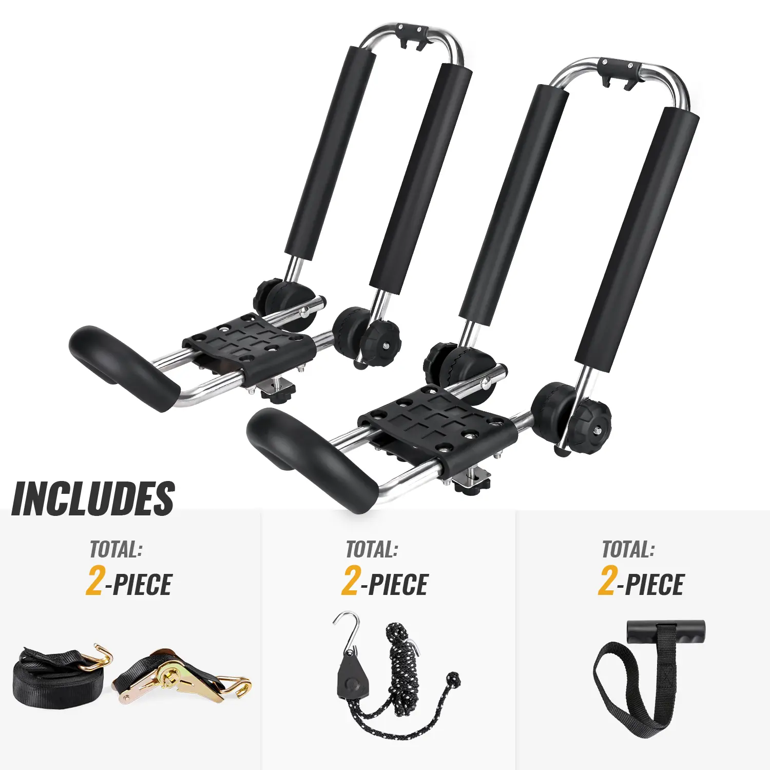 AA-Racks Kayak Rack Stainless Steel J-Bar Rack Roof Top Mount with Ratchet Straps, Folding Carrier for Your Canoe, SUP and Kayaks on SUV Car Truck