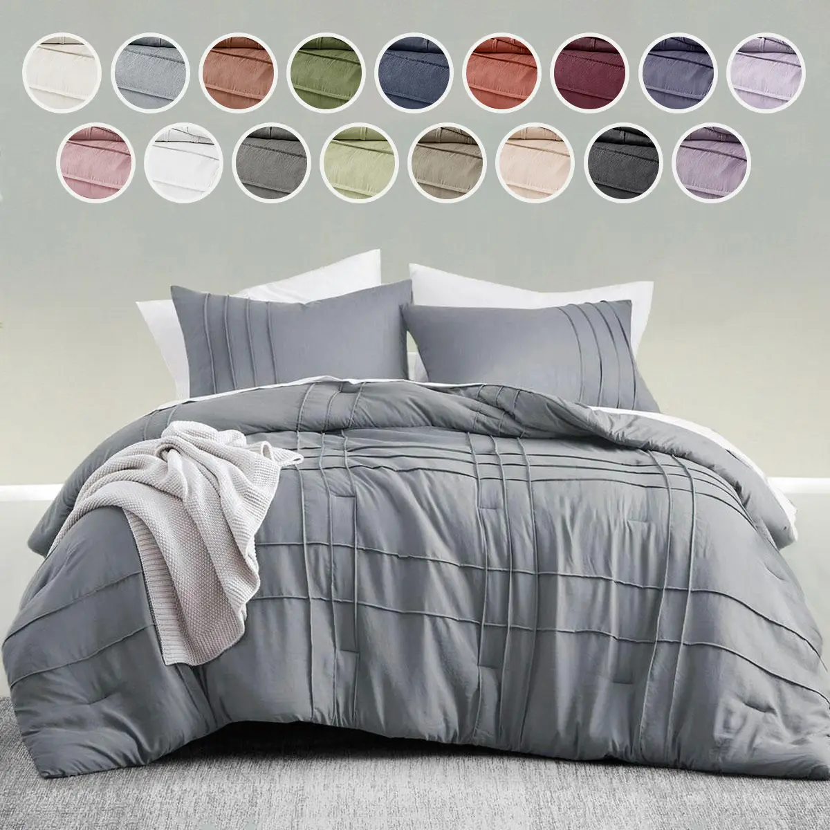 Pintuck Pleated Comforter Set - Soft Washed Pintuck Pleated Comforter, Oeko-Tex Certified, Machine Washable, All Seasons