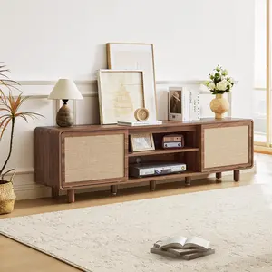 Giratree 70" Large TV Stand for TVs up to 80 Inch, Mid Century Modern Entertainment Center with Storage & Nature Linen Door, Curved Edge TV Console Table Media Console for Living Room Bedroom