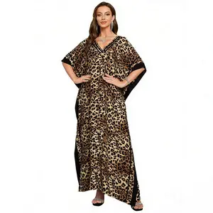 Plus Size Mumu Dresses for Women - Boho Batwing Sleeve Caftan with Side Slits, Long Moo Moo Nightgown & Beach Cover Up - Leopard