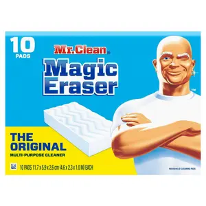 Mr. Clean Original Magic Eraser All Purpose Cleaner Sponge (10 CNT), 3X Stronger All Purpose Cleaner Sponge, Cleans Walls Bathtubs Sneakers Oven Doors with Water Alone, No Harsh Chemicals, Lifts Built Up Dirt from Surfaces.