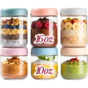 6-Pack Overnight Oats Containers with Lids, 16oz & 10oz Glass Mason Jars, Airtight Wide-Mouth Food Storage Containers for Meal Prep, Yogurt, Salad, Snacks, Chia, and Baby Food