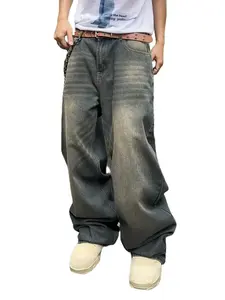 Mens Retro-Style Loose Casual Denim Pants, Plain Polyester-Viscose Smooth Fabric Men's Jeans