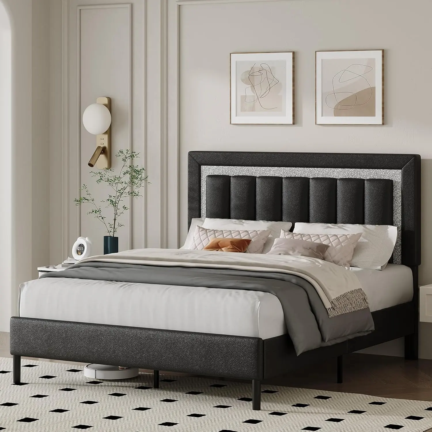 [Summerwins] HOMBCK Bed Frame with Headboard, Faux Leather Upholstered Bed with Wooden Slats Support, Bed Frame with Diamond Vertical Stripe Design, Mattress Foundation, No Box Spring Needed #summer garden,fathers day gift ideas