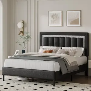 HOMBCK Bed Frame with Headboard, Faux Leather Upholstered Bed with Wooden Slats Support, Bed Frame with Diamond Vertical Stripe Design, Mattress Foundation, No Box Spring Needed