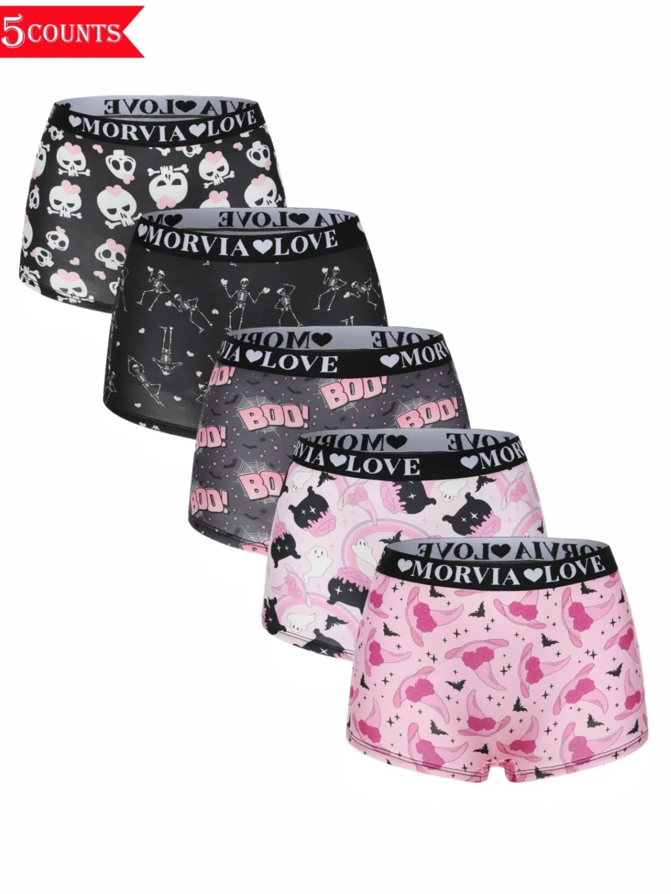 Morvia 5/10pcs Women's  Printed Boyshorts Set, Elastic Comfortable Home Wear, Casual All-Season Underwear, Random Pattern Design
