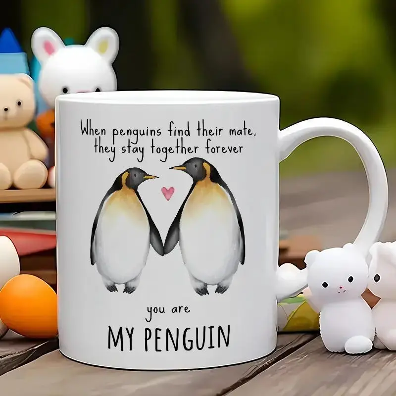 1pc 11oz Healthy Ceramic Penguin Pattern Coffee Mug - C-Handle, Full Print Design, 3.2x3.74 Inches, Gift Ready Drinkware for Couples, Washable for Coffee/Tea
