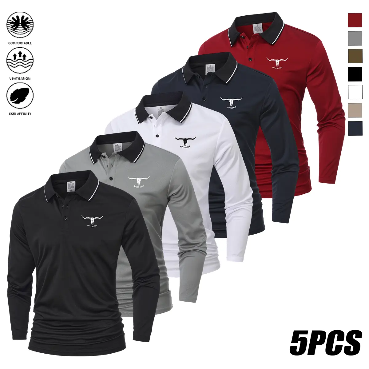 Men’s Long-Sleeve Polo Shirts Multi-Pack - Spring & Autumn Business Casual Turn-Down Collar Tops, Smooth, Soft, Fitted, Basic Solid Color, Breathable, Skin-Friendly, Minimalist Design for Everyday Commuting