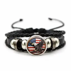 American Eagle Leather Bracelet - USA Flag Braided Wrap, Adjustable Patriotic Costume Jewelry for Men, Men's Accessories