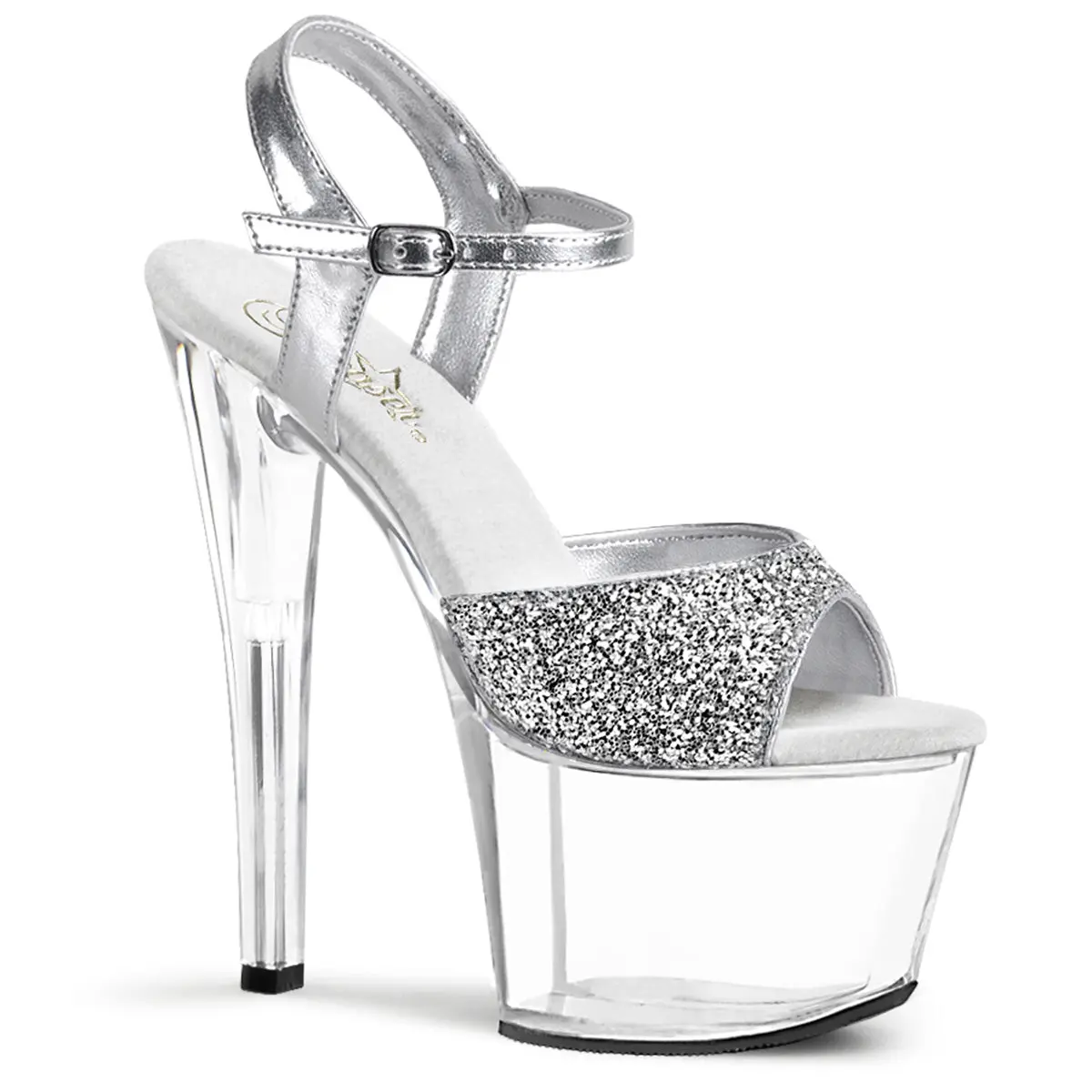 Pleaser Women's Sky-310 Ankle Strap High Heel Shoes, Silver Glitter Sparkle Open Toe with 7" Heel & Embellished Platform, Elegant Evening Footwear, Embellished Platform Sandals, Sparkly, Glamorous Heels