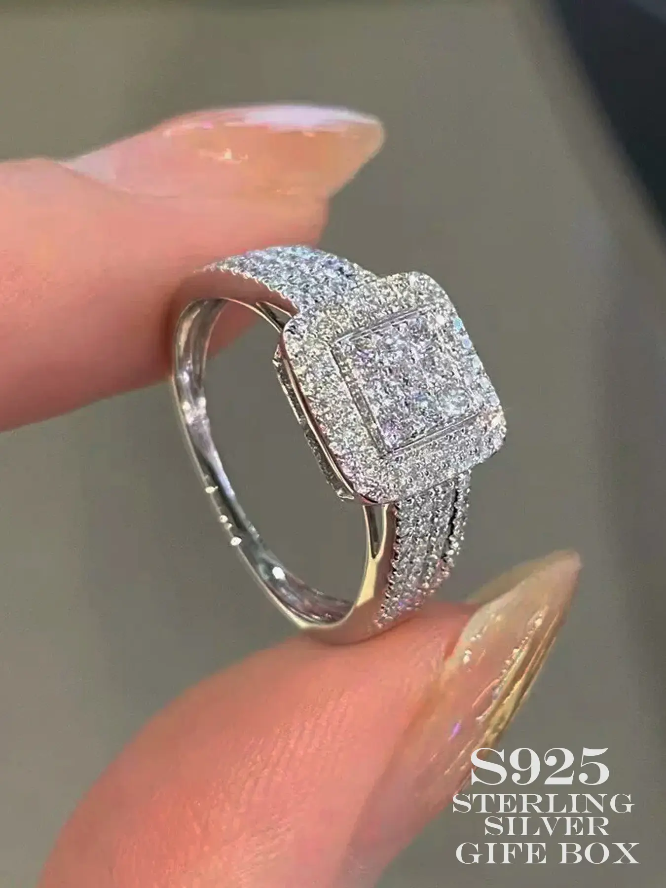 925 Sterling Silver Luxury Rhinestone Decorated Square Ring, Fashion Hand Matching Jewelry Accessories for Women, Elegant All-match Fashion Accessorie