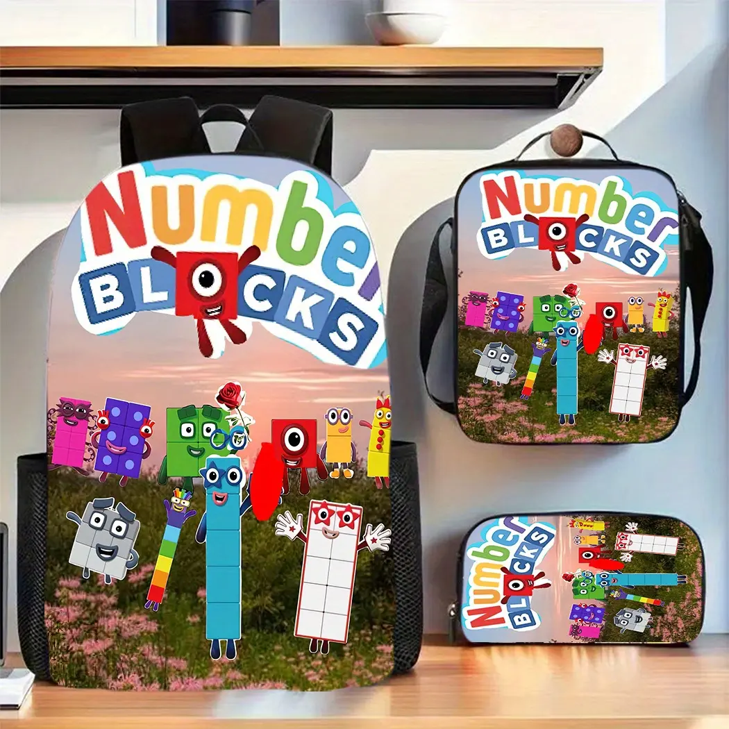 3Pcs Numberblocks Print Backpack Set Durable 600D Oxford Cloth School Bag Insulated Lunch Box & Pencil Case Combo Adjustable Breathable Strap Large Capacity Fits 15in Laptop for Kids Teens School Travel Outdoor Use  affordable  Backpack   