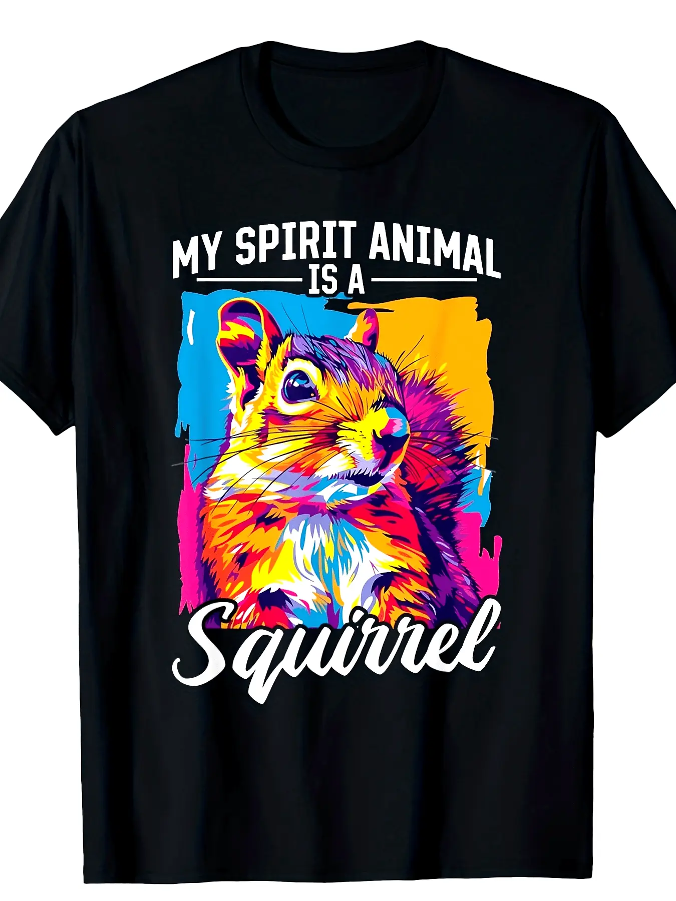 Vibrant Rainbow Splash Squirrel Black Cotton T-Shirt Squirrel Lover Streetwear men t shirt