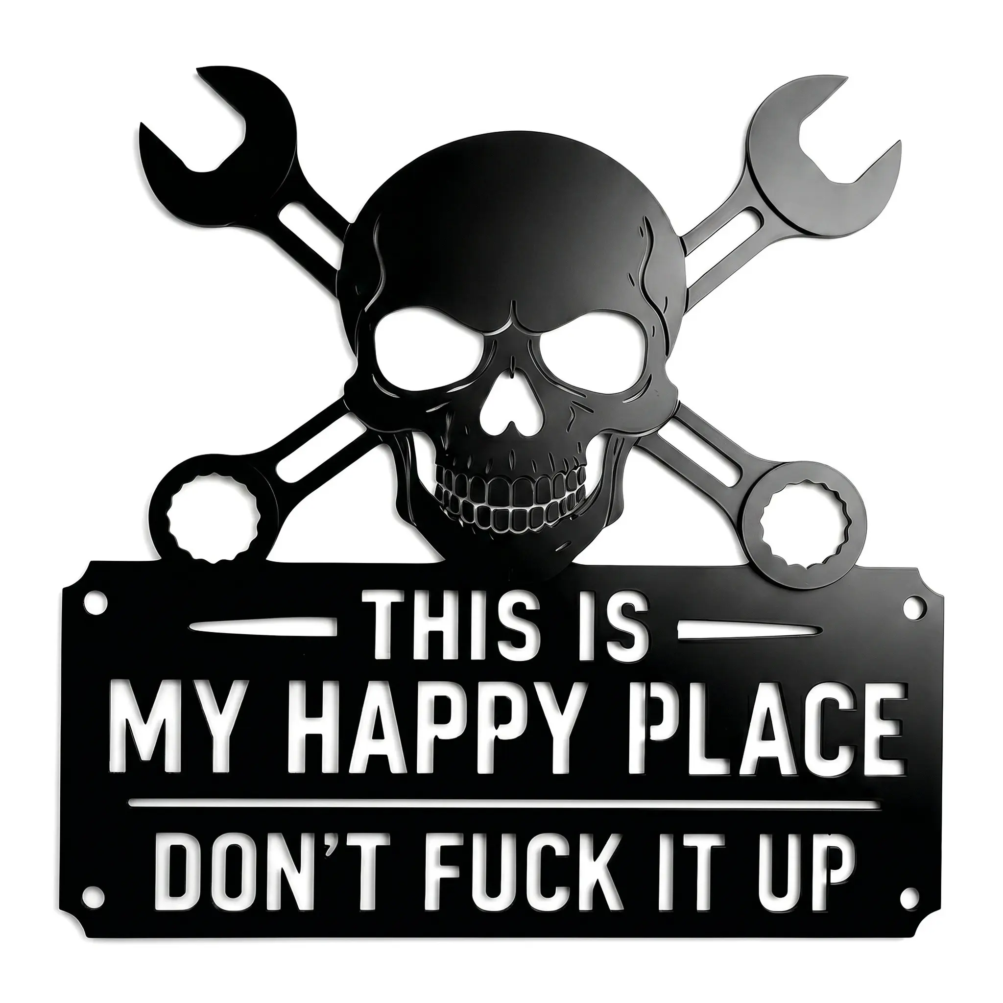 "This Is My Happy Place" Metal Wall Art Sign,Skull Garden Welcome Door Plaque, Outdoor Plaques, Vintage Rustic Outdoor Patio Hanging Decor, Decoration, Humorous Farmhouse Gift for Home Yard Entrance, Decorative Plaque