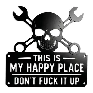 "This Is My Happy Place" Metal Wall Art Sign,Skull Garden Welcome Door Plaque, Outdoor Plaques, Vintage Rustic Outdoor Patio Hanging Decor, Decoration, Humorous Farmhouse Gift for Home Yard Entrance, Decorative Plaque