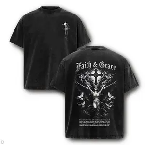 Techno Gospel Asymmetric T-Shirt – Vintage Charcoal Acid Wash Tee with Red Star Graphic & Boxy Fit for Bold Streetwear Drop