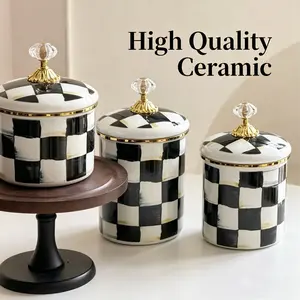 Classic Grid Pattern Ceramic Storage Jar Canister with Crystal Lid, Vintage Style, Ideal for Home Decor, Soccer Theme, Modern Aesthetic