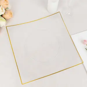 10-Pack Plastic Square Dinner Plates 10" Clear Concave Style with Gold Rim - Modern Disposable Party Plates